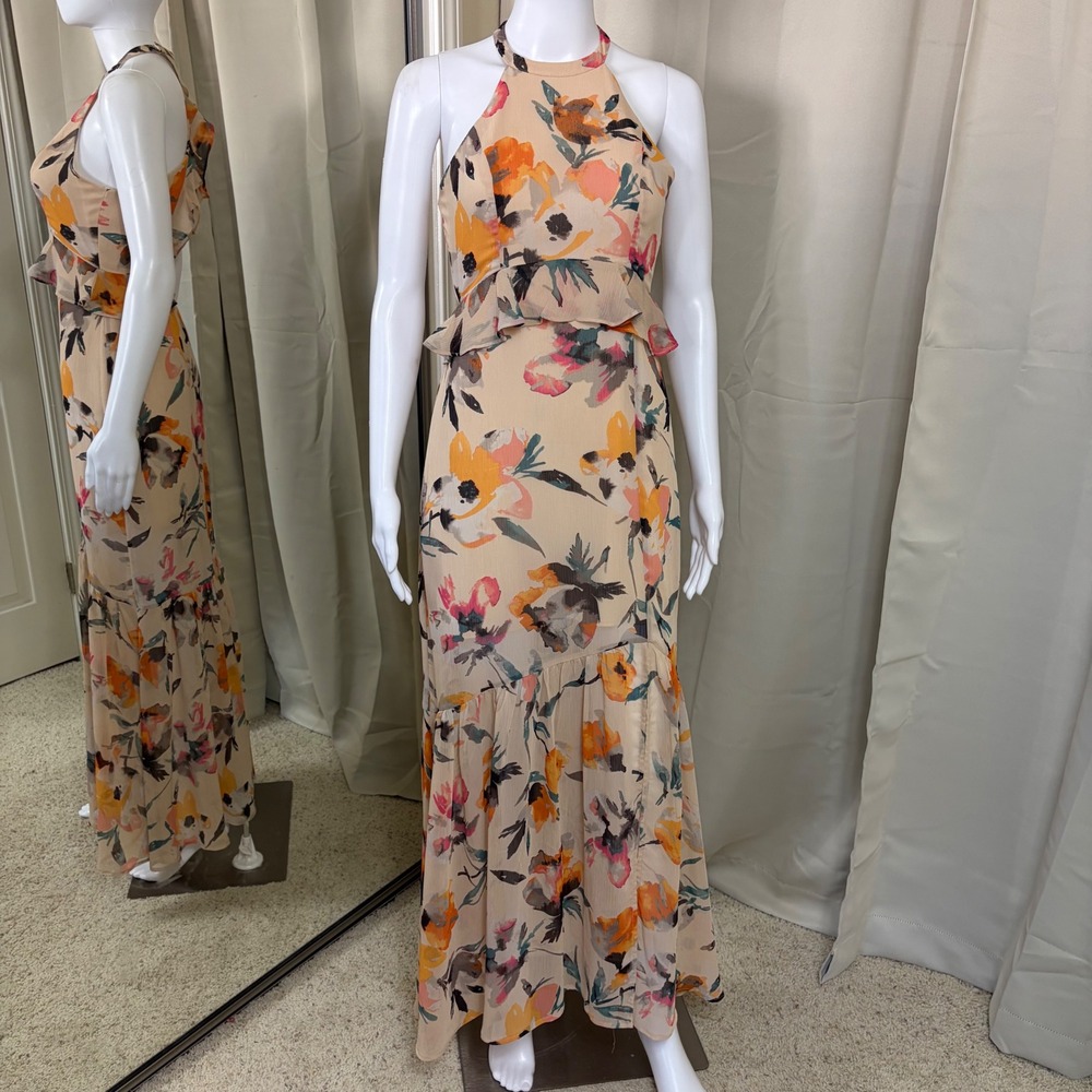 BCBGeneration Floral Halter Maxi Dress Peplum Ruffle Back Cutout Peach Orange 2
